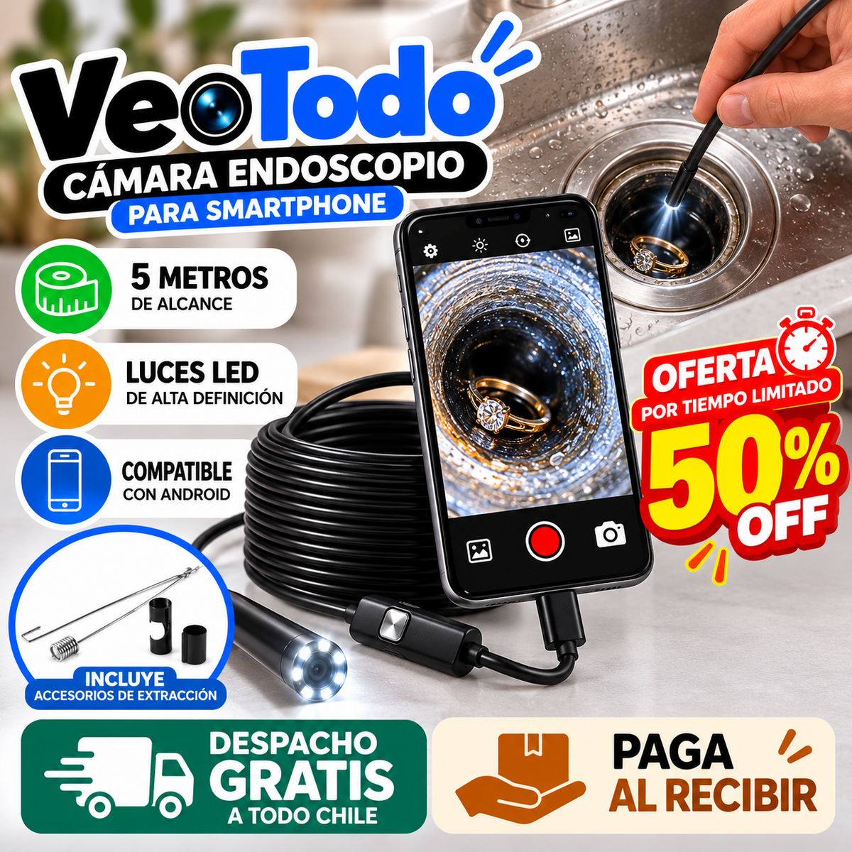 VeoTodo – Cámara de Inspección para  con Cable de 5 Metros - 50%OFF